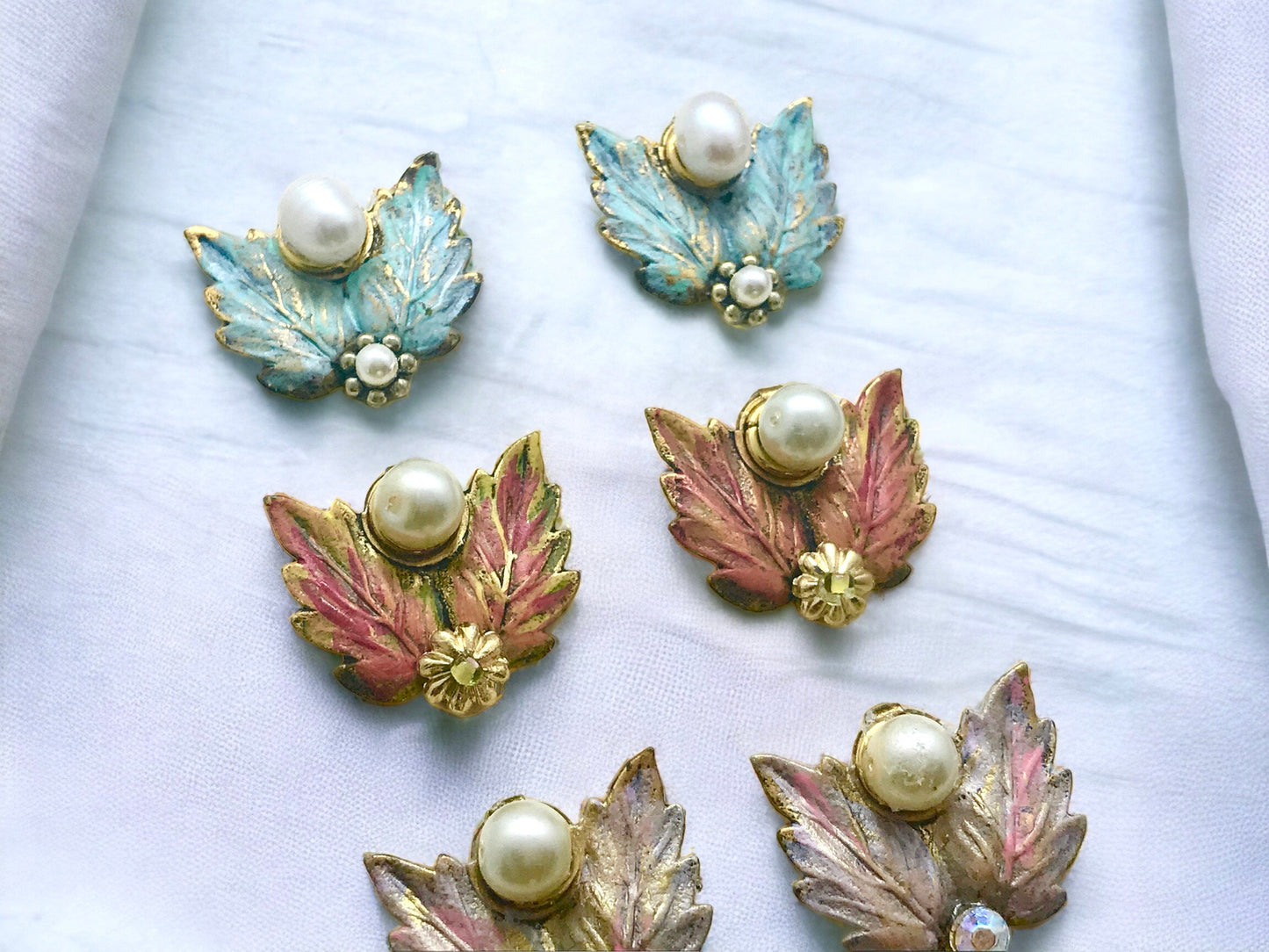 Revised, Modernized, upcycled repurposed - hand painted vintage earrings, trimmed with pearls, faux pearls, Swarovski cyrstals, rhinestones