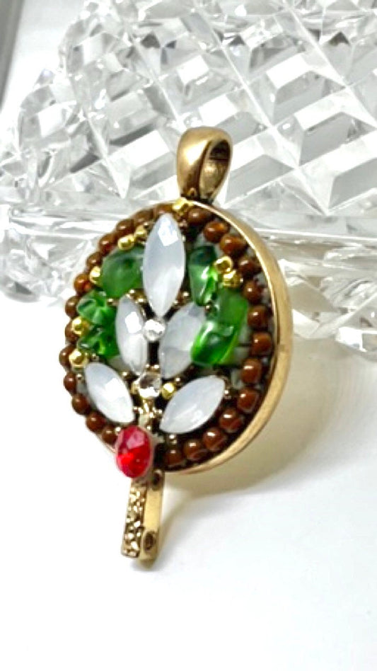 Handmade mosaic necklace pendant - Christmas tree - mixed materials inlaid - rhinestones, green gemstone chips, glass beads, vintage pieces
