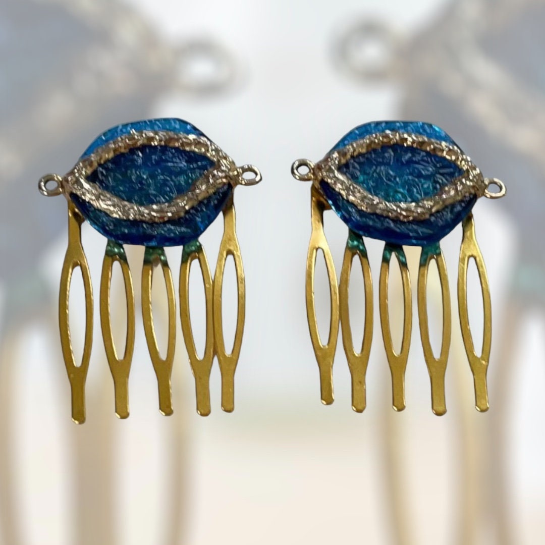 Pair of upcycled mixed material blue and gold small hair combs - 1" each - inspired by Mid Century Modern MCM design