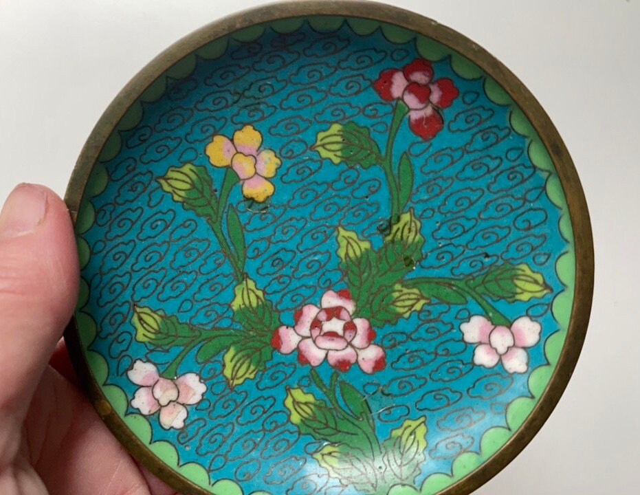 Vintage Asian Cloisonne enamel over copper ring dish, catch all dish - 3 & 3/4" - turquoise floral