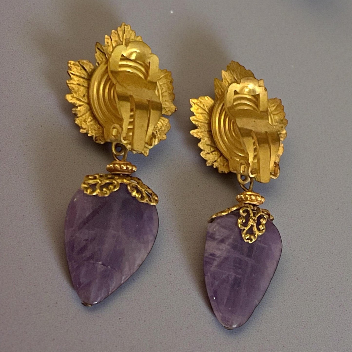 Vintage Goldtone Leaves Clip On Earrings with Carved Amethyst Drops | Retro Statement Jewelry
