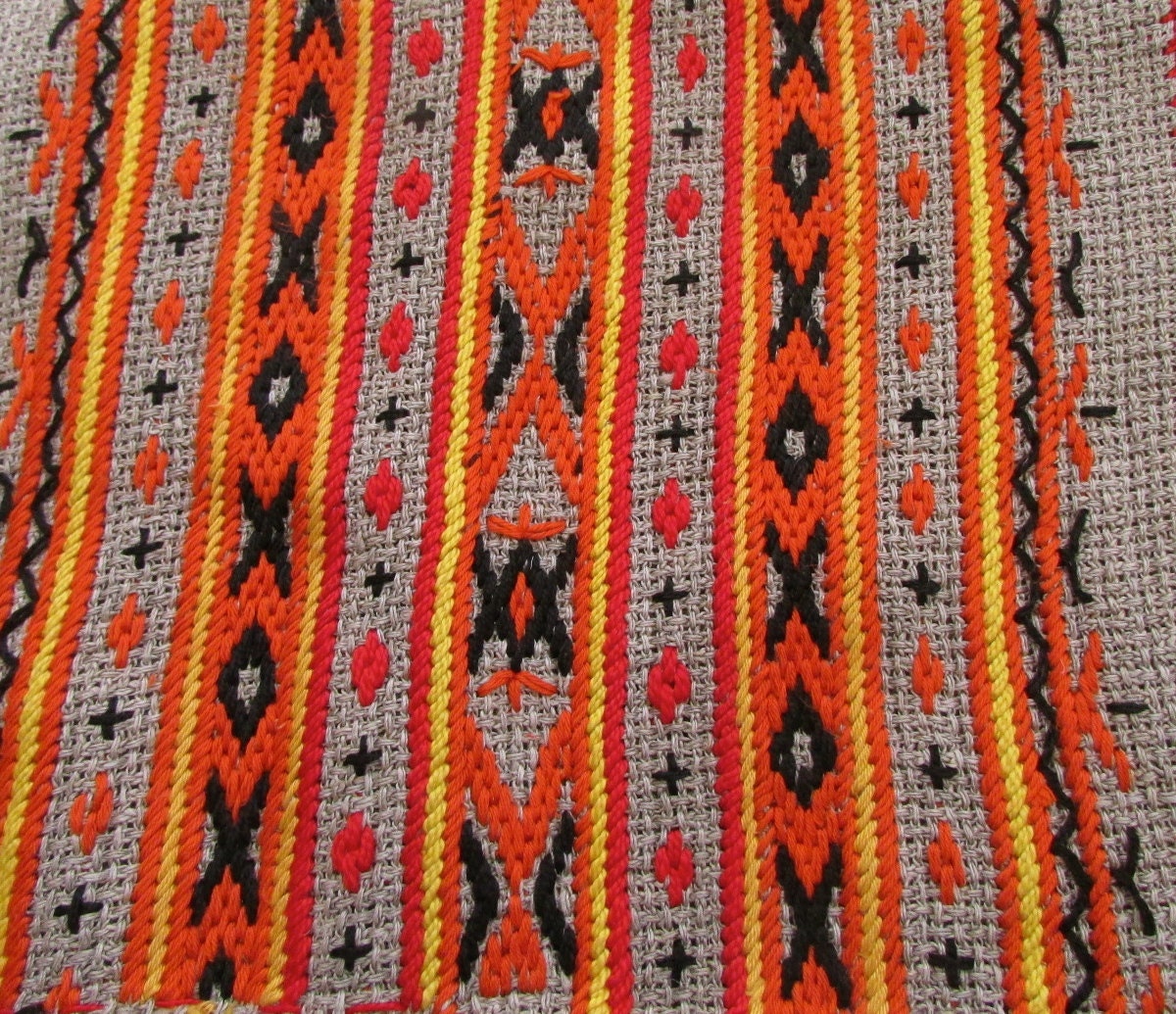 Vintage Embroidered Bag - Burnt Orange Burlap Drawstring Pouch with Tassel Detail