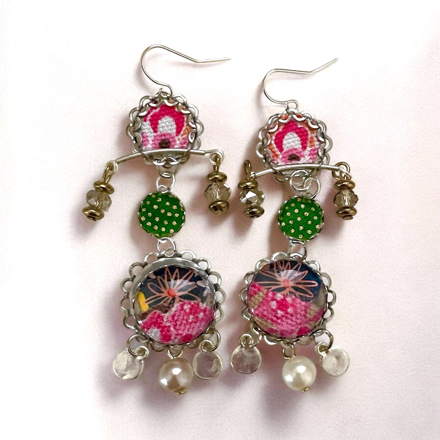 Handmade mixed media earrings made with fabric, paper, hammered metal, mixed metals, crystals and faux pearls.  Sterling ear wires.