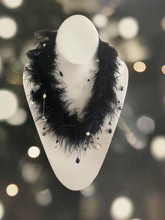 Unique vintage black feather necklace with crystals and pearls