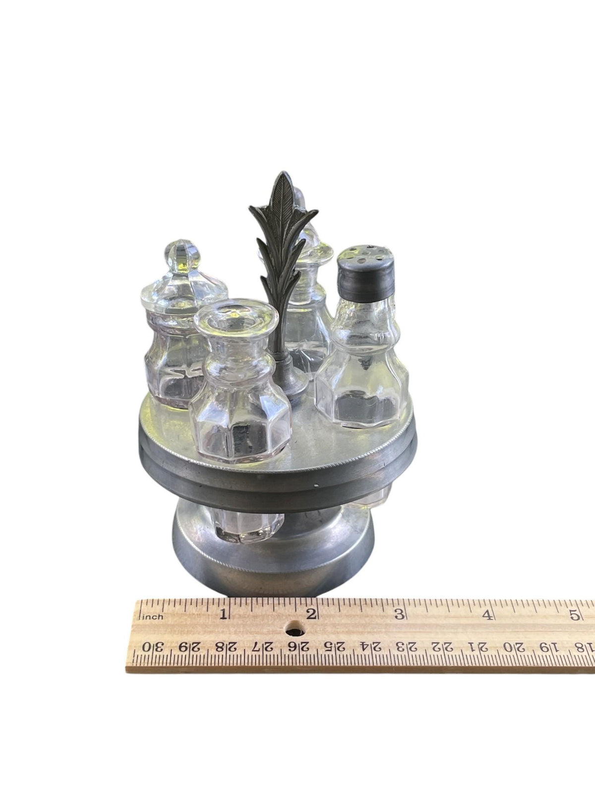 Vintage Glass Cruet Set with Metal Carousel Stand | 4 Piece Condiment Set | Salt Pepper Oil Vinegar Tableware