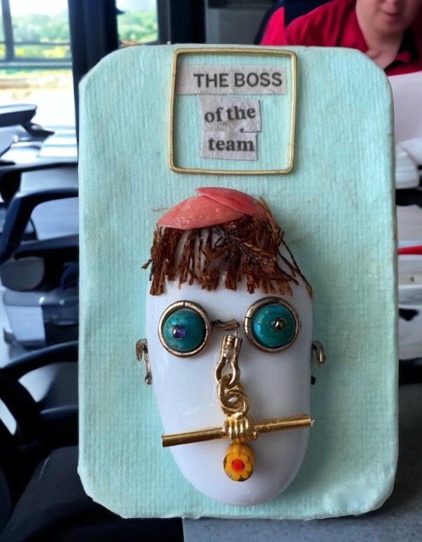 MEET THE BOSS - My funny face mixed medium art - glass on wood with millefiori glass -  can be ordered as a magnet or pin - great as a gift