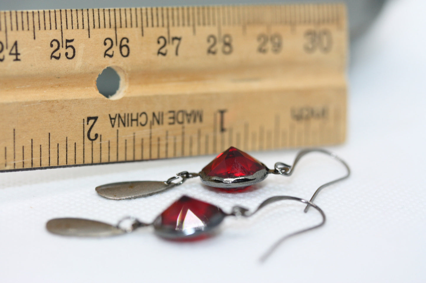 Faceted red glass earrings made of both new and vintage components
