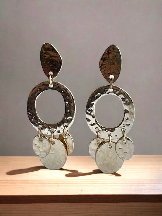Stunning vintage hammered goldtone metal vintage hoop and dangle geometrical earrings