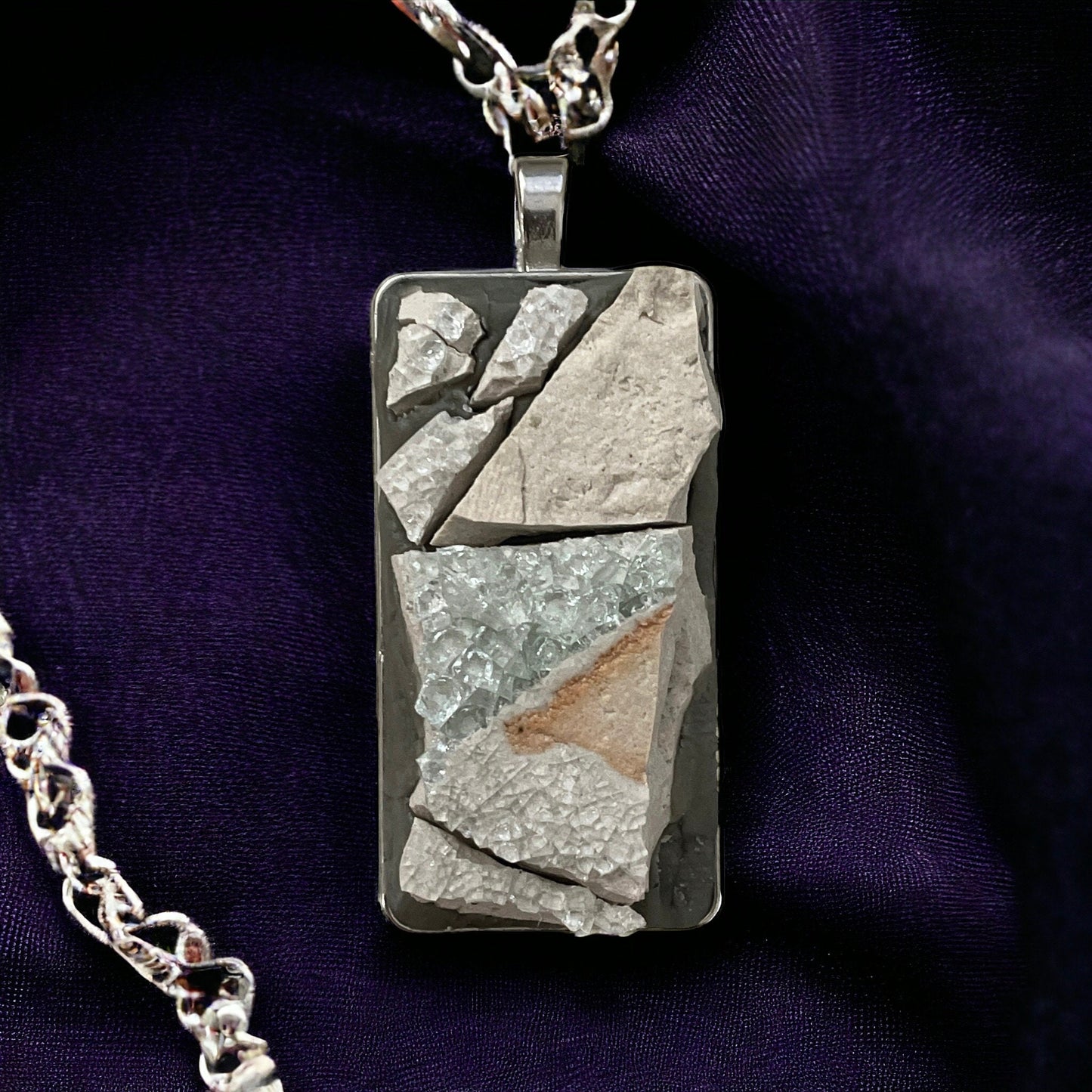 Handmade stone, cement and glass mosaic necklace - comes with a matching necklace chain
