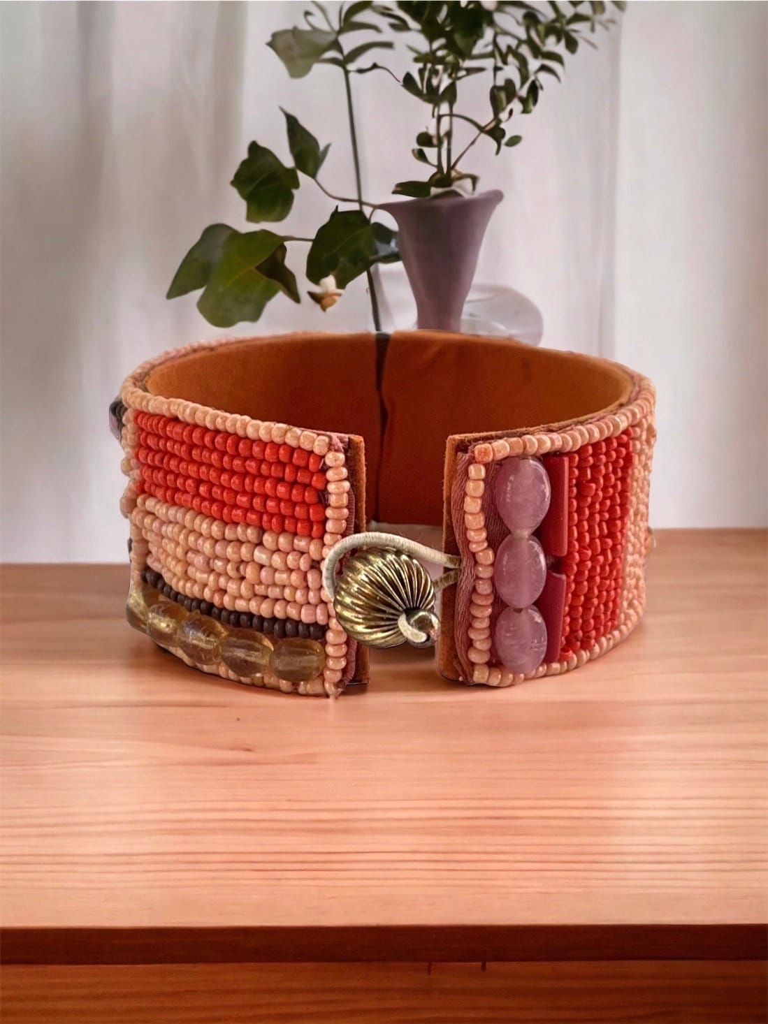 Stunning and unique vintage seed bead and mixed material vintage bracelet - shades of orange and brown - made by Sally C