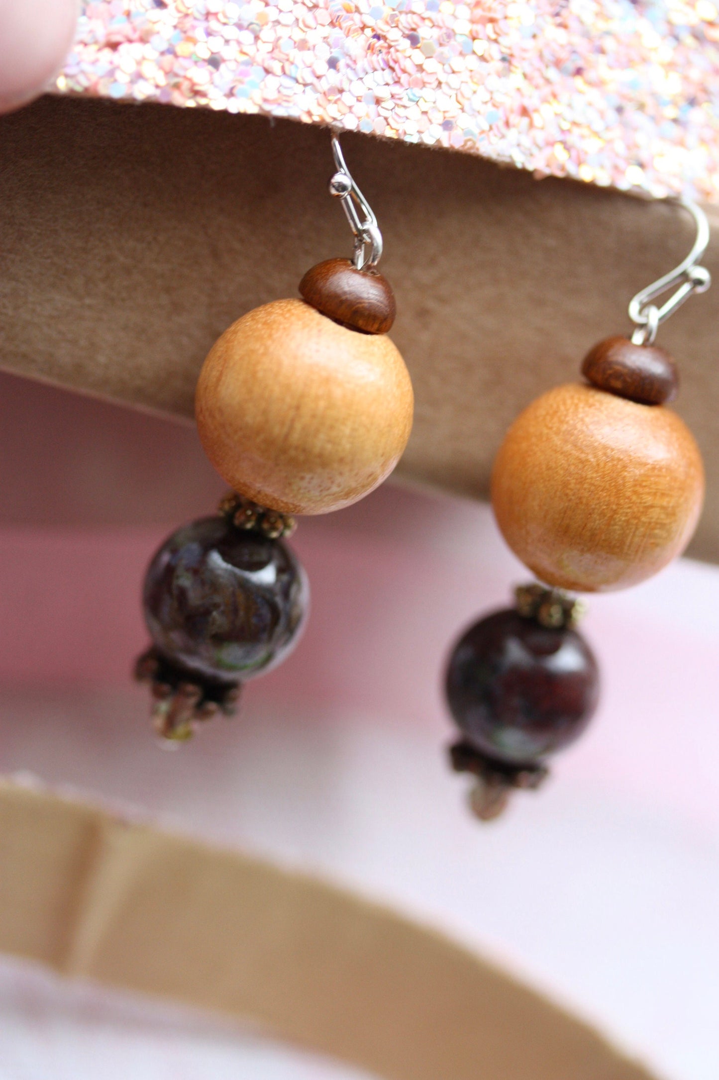 Marble and wood beaded handmade dangle earrings with vintage, upcycled and new elements