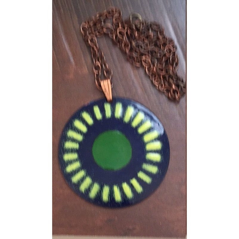 Unique mid century modern vintage enamel on copper necklace - blue, green and yellow