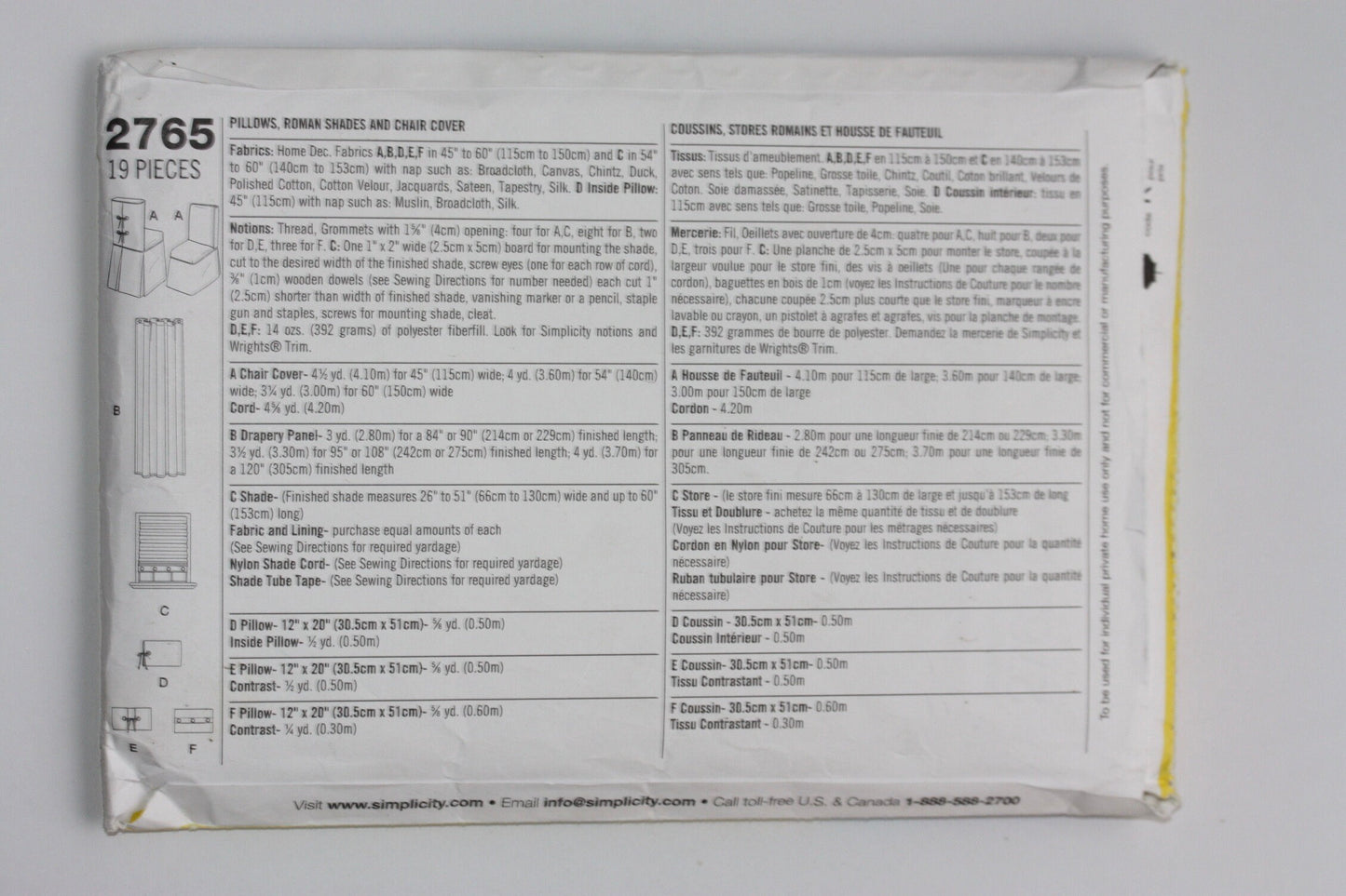 UNCUT Sewing Pattern - Simplicity 2765 Home Decorating Sewing Patterns for Dummies Sewing Pattern - Pillows, Roman Shades and Chair Cover