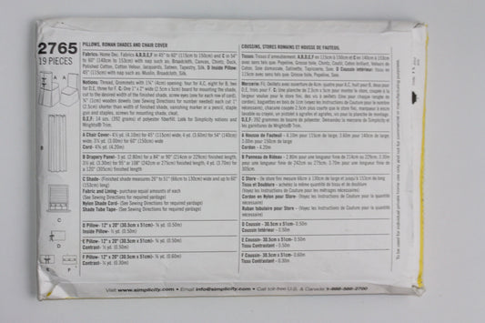 UNCUT Sewing Pattern - Simplicity 2765 Home Decorating Sewing Patterns for Dummies Sewing Pattern - Pillows, Roman Shades and Chair Cover