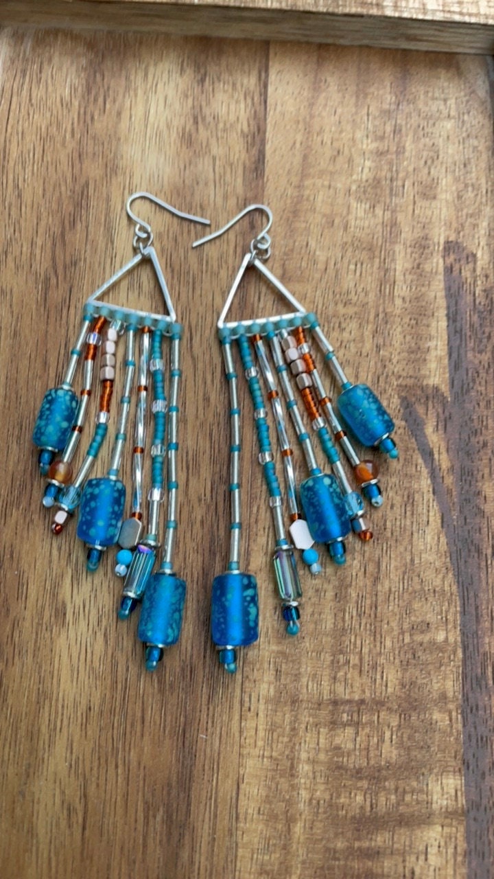 Hand beaded stunning dangle mixed material long statement beadwork earrings - art glass, crystal, metal, semi precious stone, seed beads