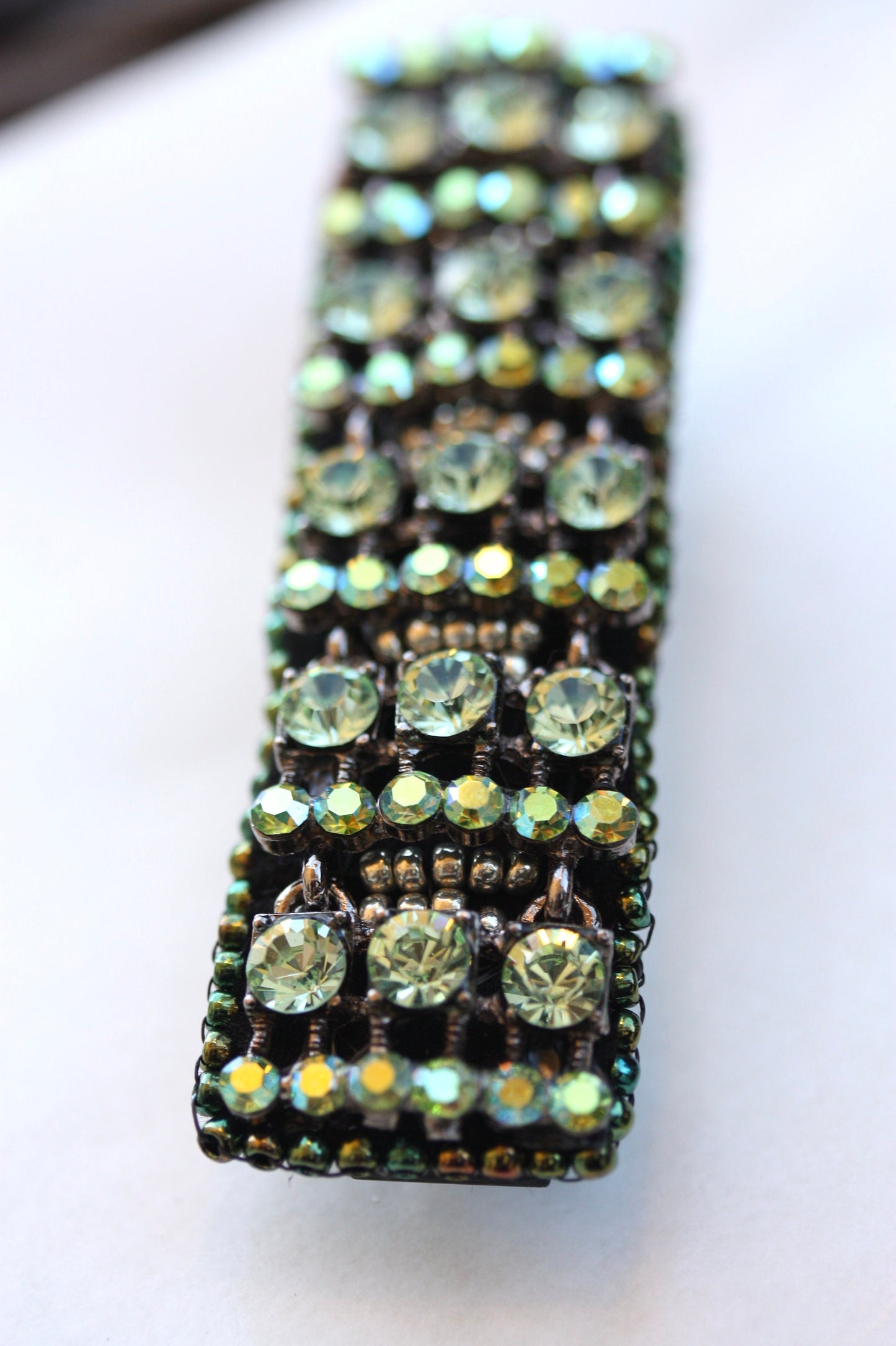 Stunning green AB crystal style rhinestone, metal and glass beadwork hair barrette - hair clip, hair accessories