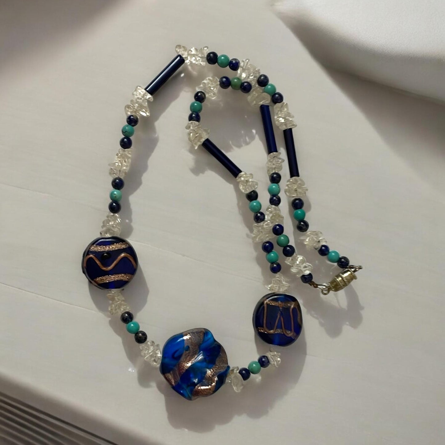 Cobalt blue art glass beaded necklace with semi precious stone chips, black tubes and turquoise/black beads
