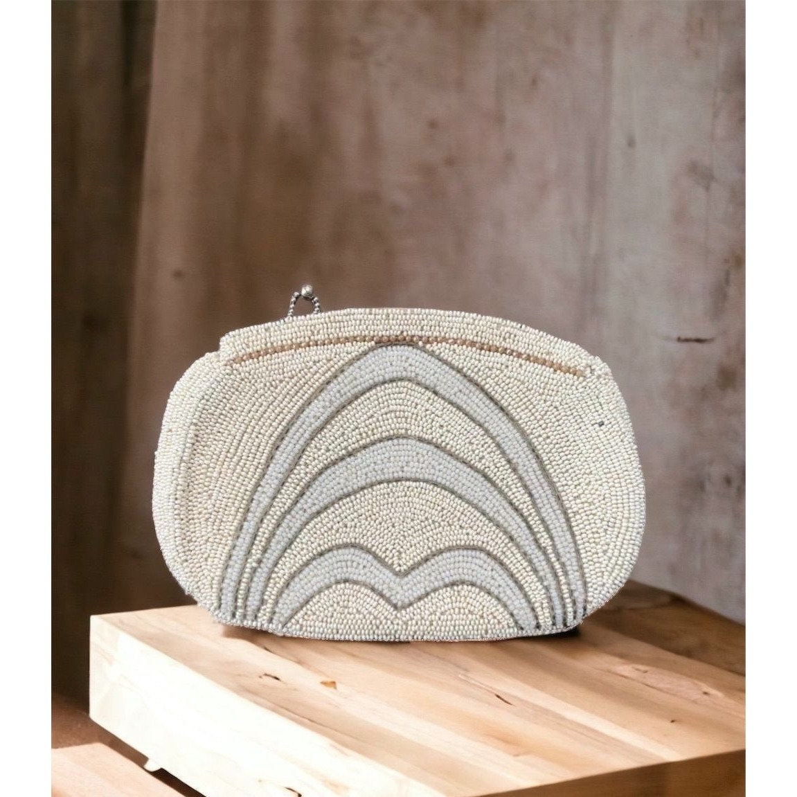 Vintage Beaded Clutch – Antique Ivory Seed Bead Purse With Zipper Closure