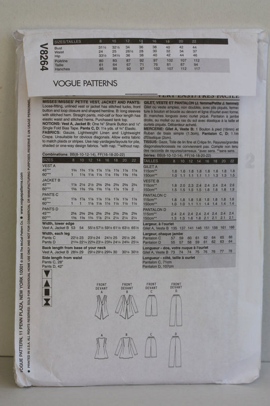 UNCUT Sewing Pattern - Very Easy Vogue V8264 Pattern for Vest, jacket and pants, Size FF - 16, 18, 20, 22