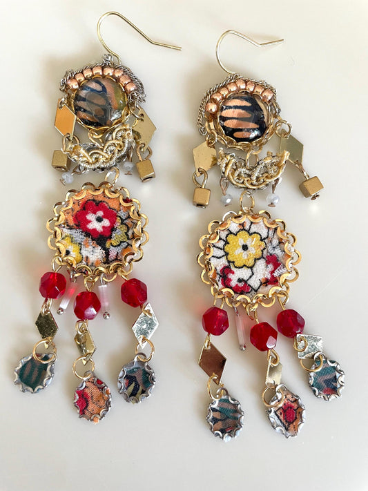 Handmade collage earrings featuring vintage textiles, crystal glass, mixed metals and various unique findings. Sterling silver ear wires.