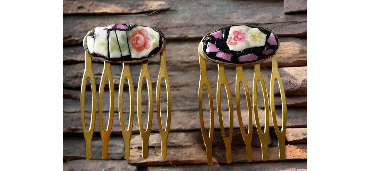 Pair of one-of-a-kind handmade mosaic hair combs with upcycled pieces of vintage dishes