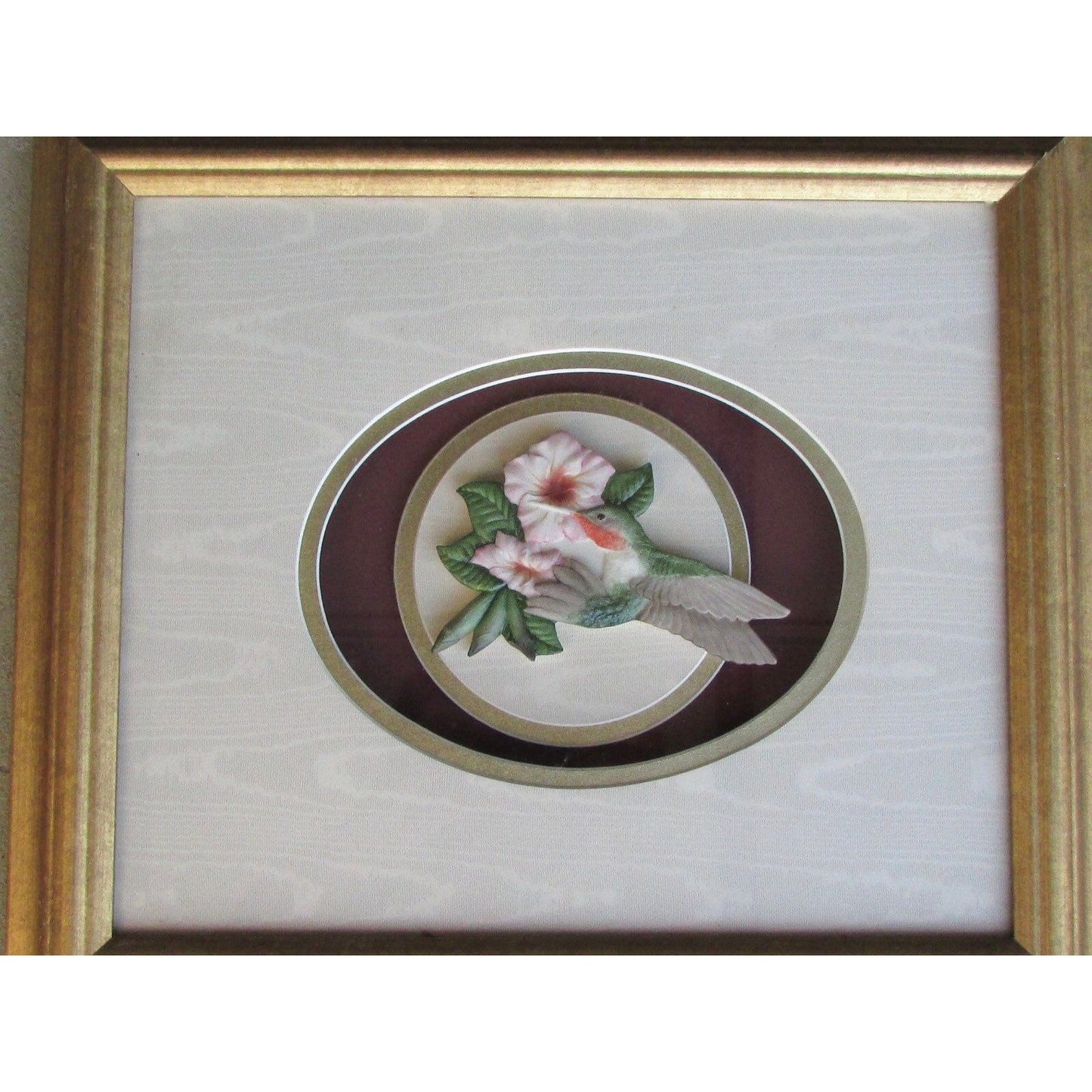 Handmade & framed vintage porcelain hummingbird sculpture by renowned sculptor Ron Goeke