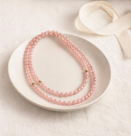 Vintage Pink Lucite Bead Necklace with Gold Ribbed Accent Beads, Blush Acrylic Statement Necklace, Minimalist Layering Jewelry