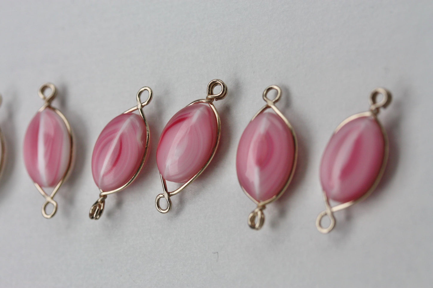 Unique pink and white swirled art glass beads - with wires