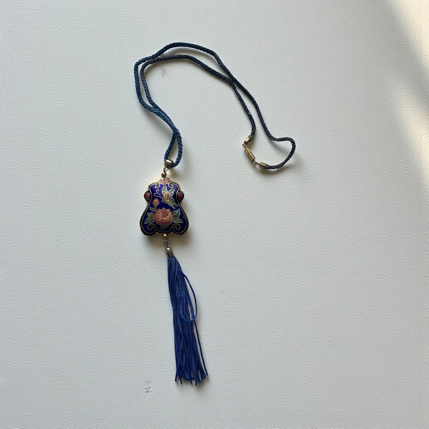 Vintage Cloisonné Floral Tassel Necklace Blue Enamel Asian Pendant