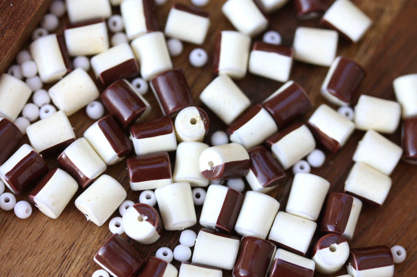 One dozen unique half brown, half creamy white vintage beads