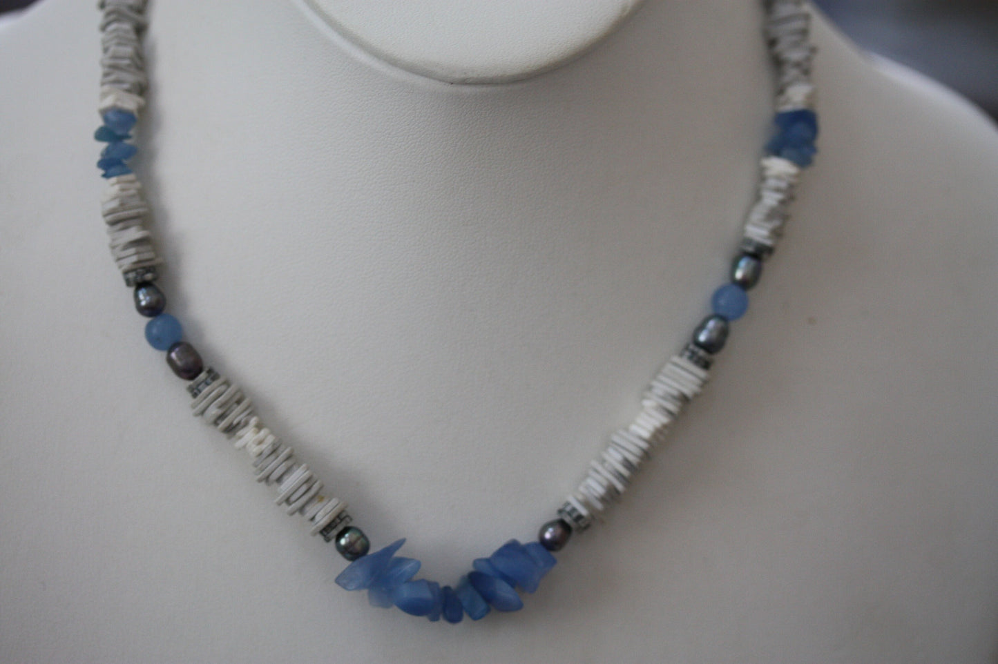 Unique vintage necklace with white shell heishi beads with blue semi precious stone chips
