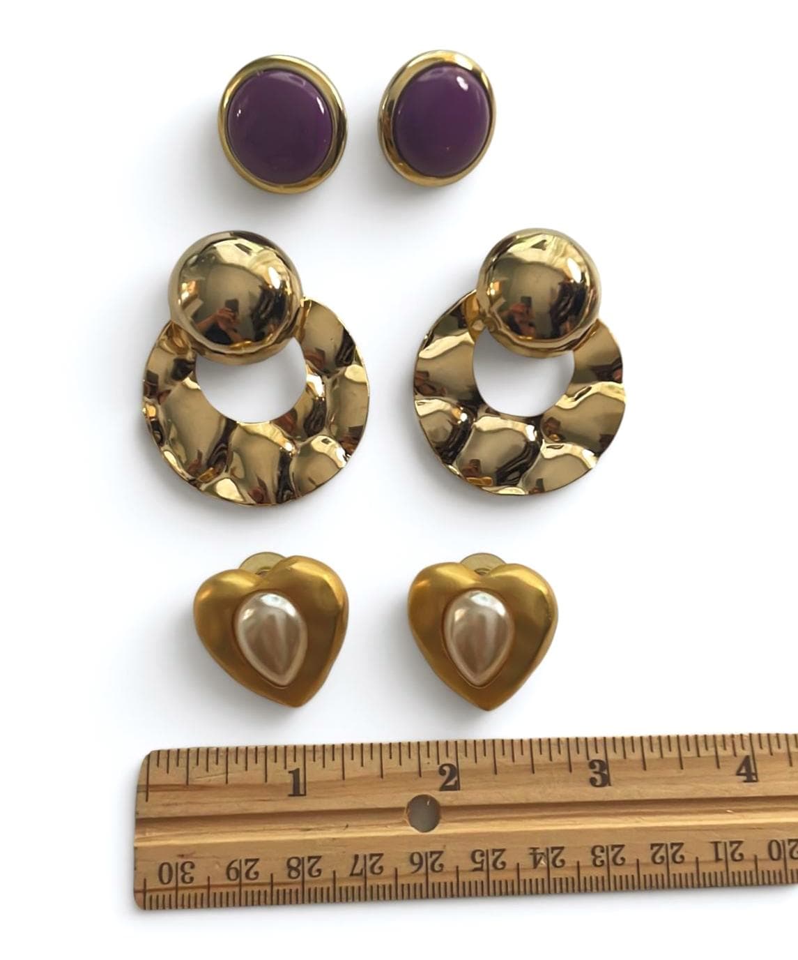 Vintage Pierced Earring Lot of 3 Pairs – Purple Cabochons, Gold Tone Hammered Hoops & Faux Pearl Hearts – Retro Statement Jewelry Collection