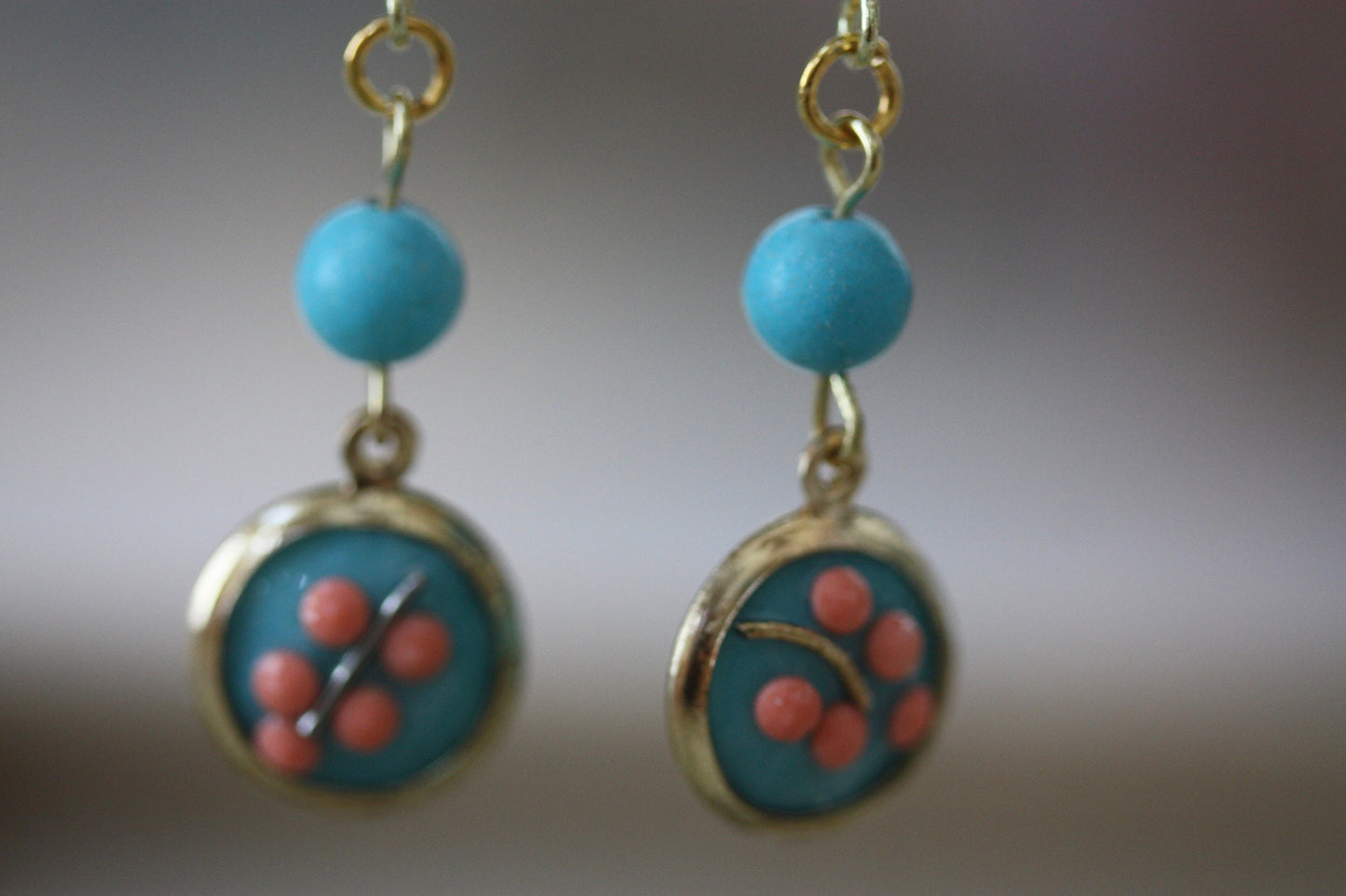 Sweet handmade peach dotted blue floral dangle earrings