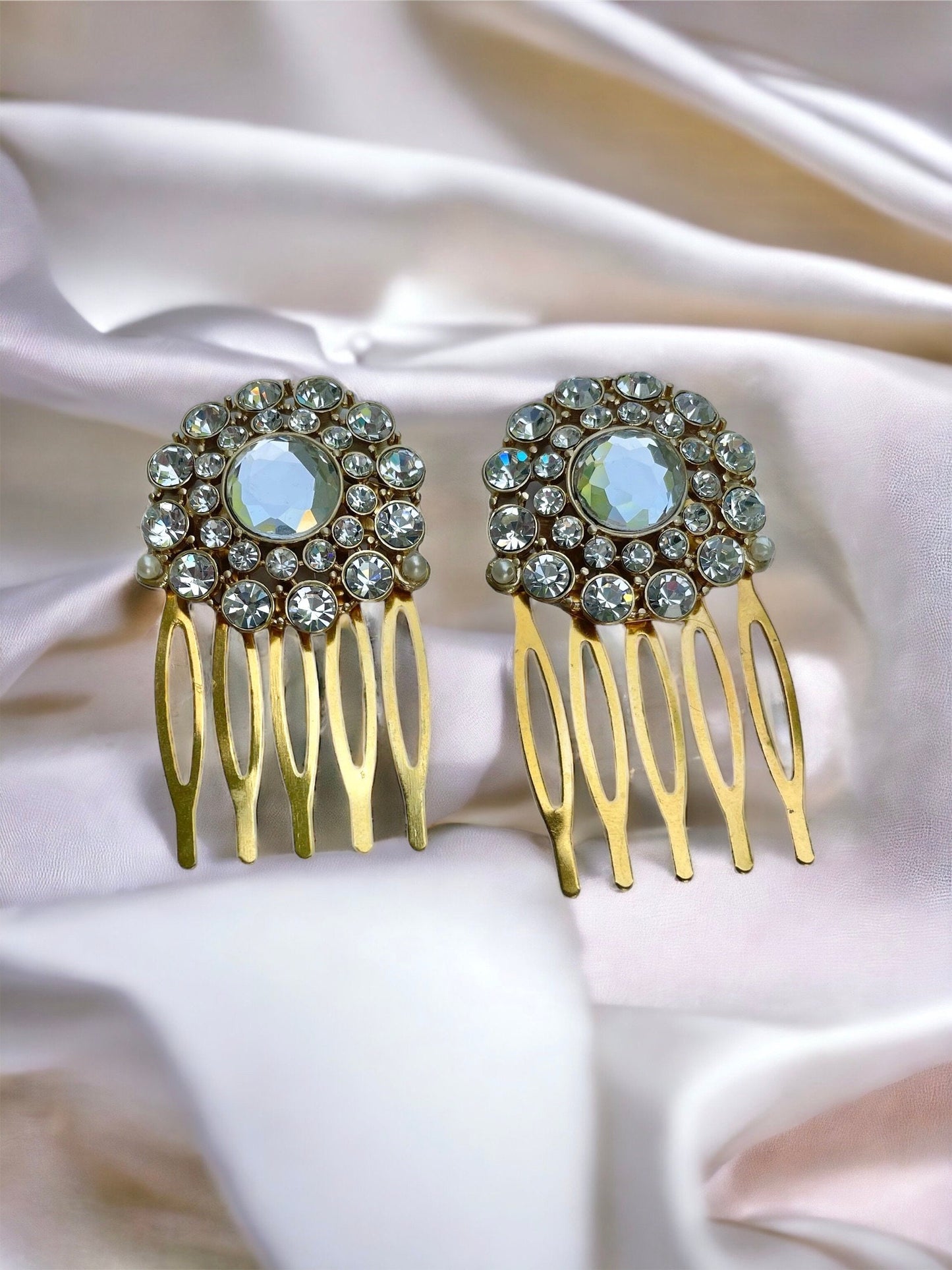 Pair of rhinestone hair combs or hair pins - all white rhinestones trimmed with tiny faux baby pearls