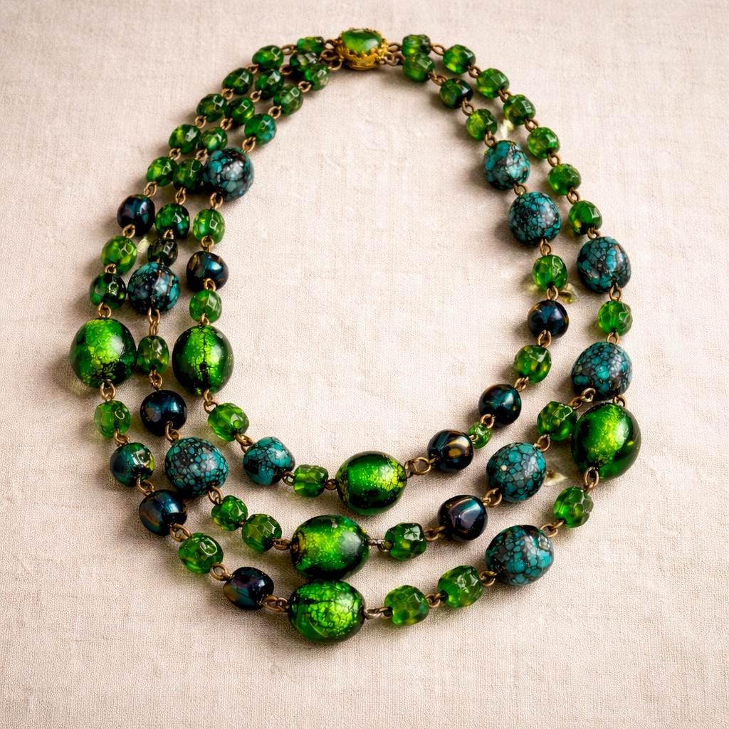 Vintage Emerald Green Glass Necklace, 3 Strand Art Deco Style Statement Necklace, Foil Glass & Turquoise Look Synthetic Beads