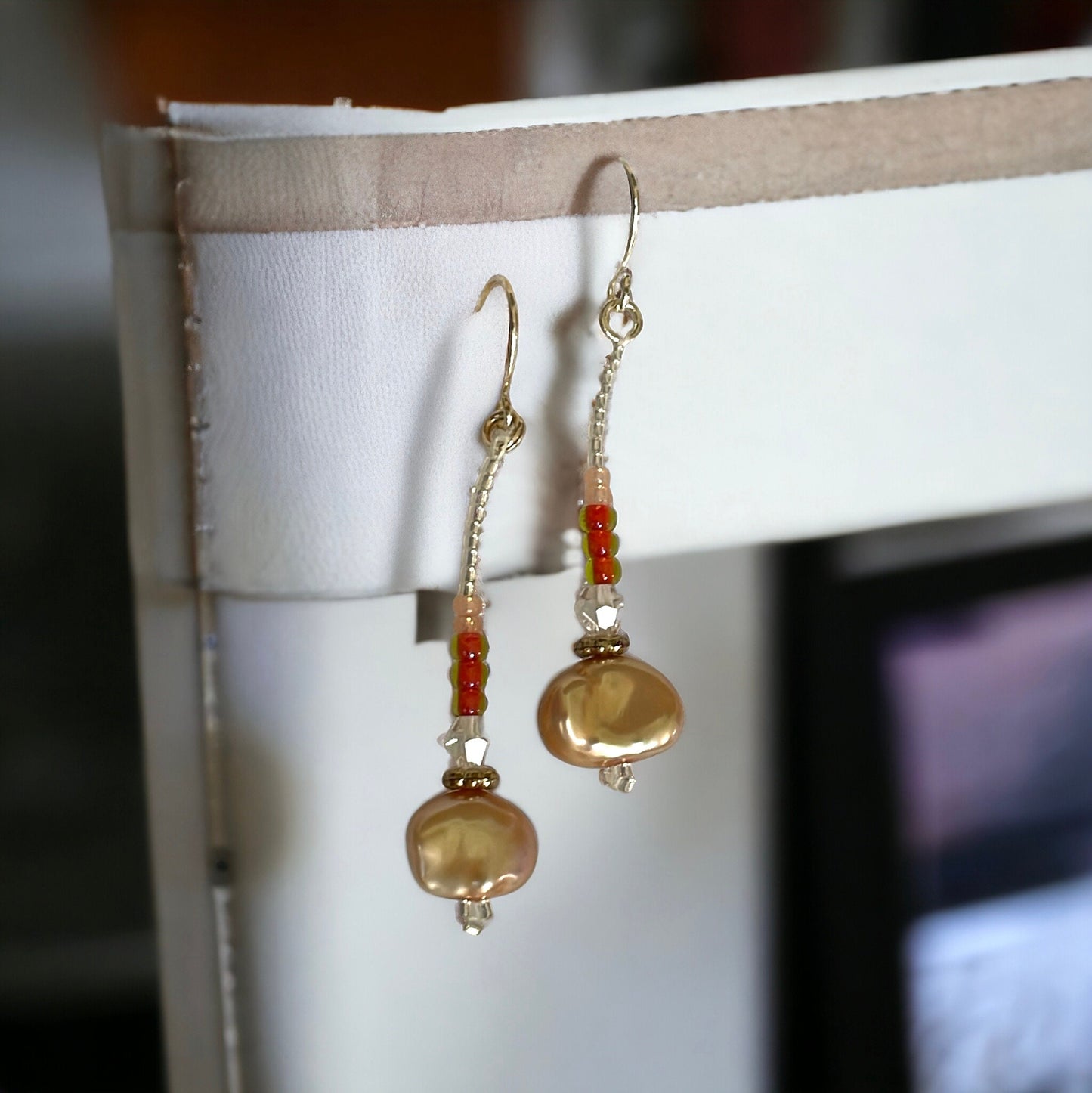 Hand beaded stunning dangle beadwork earrings - ombre shades of glass seed beads with crystal and gold pearls