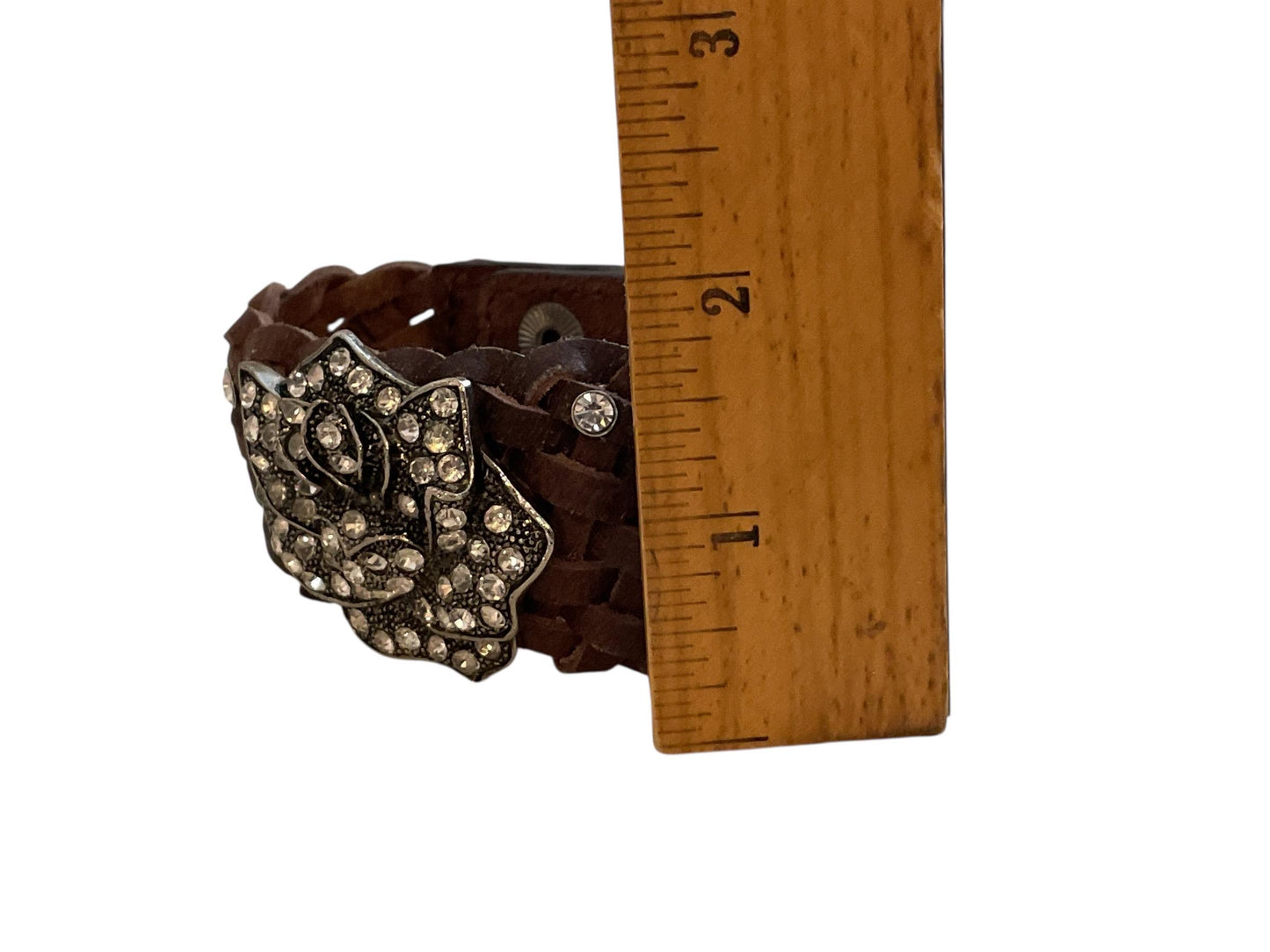 Charming Charlie Silver-Tone Leather Bracelet with Rhinestone Rose – Floral Statement Jewelry