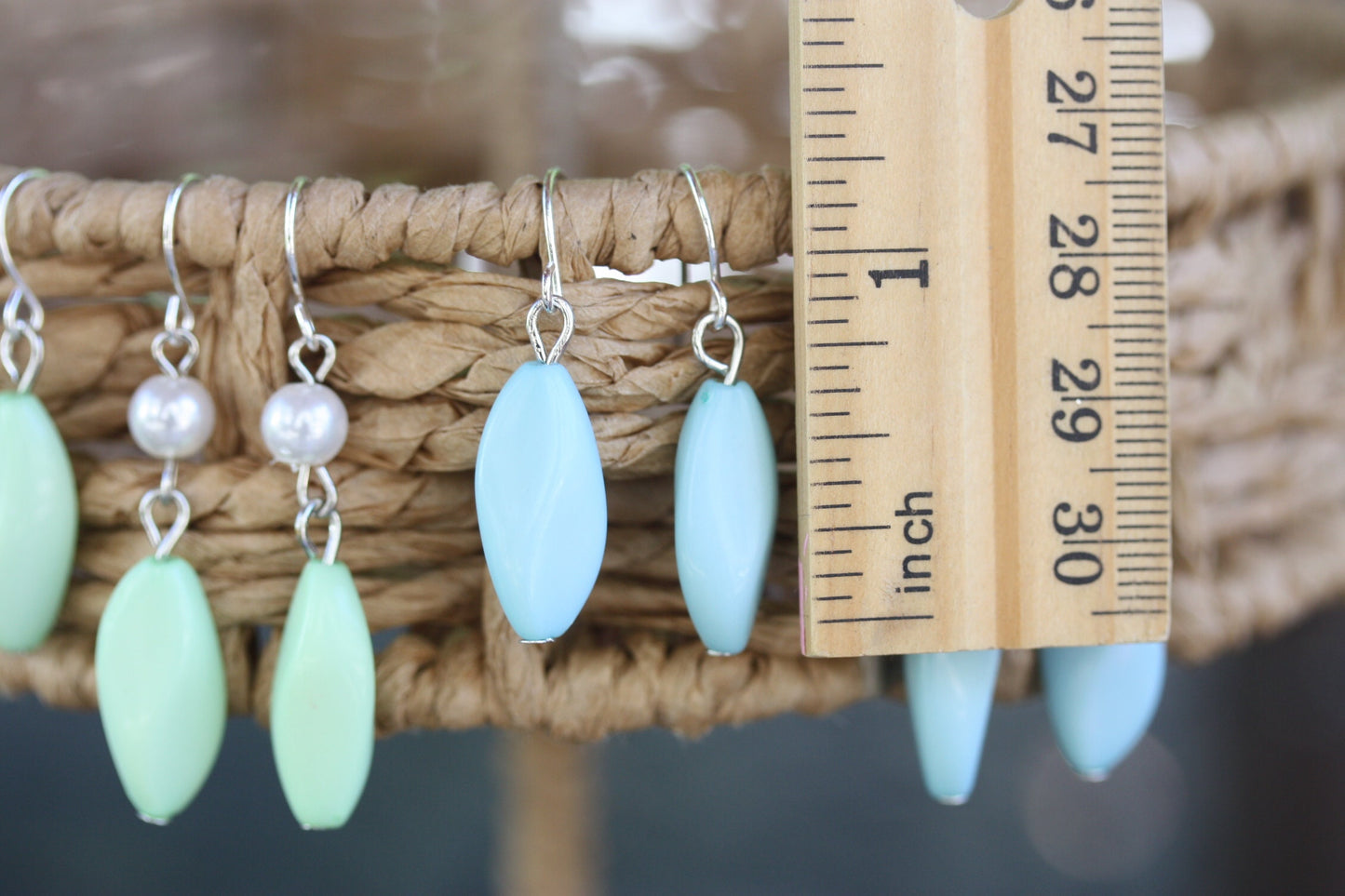 Simple upcycled seafoam green, blue and pearl dangle earrings