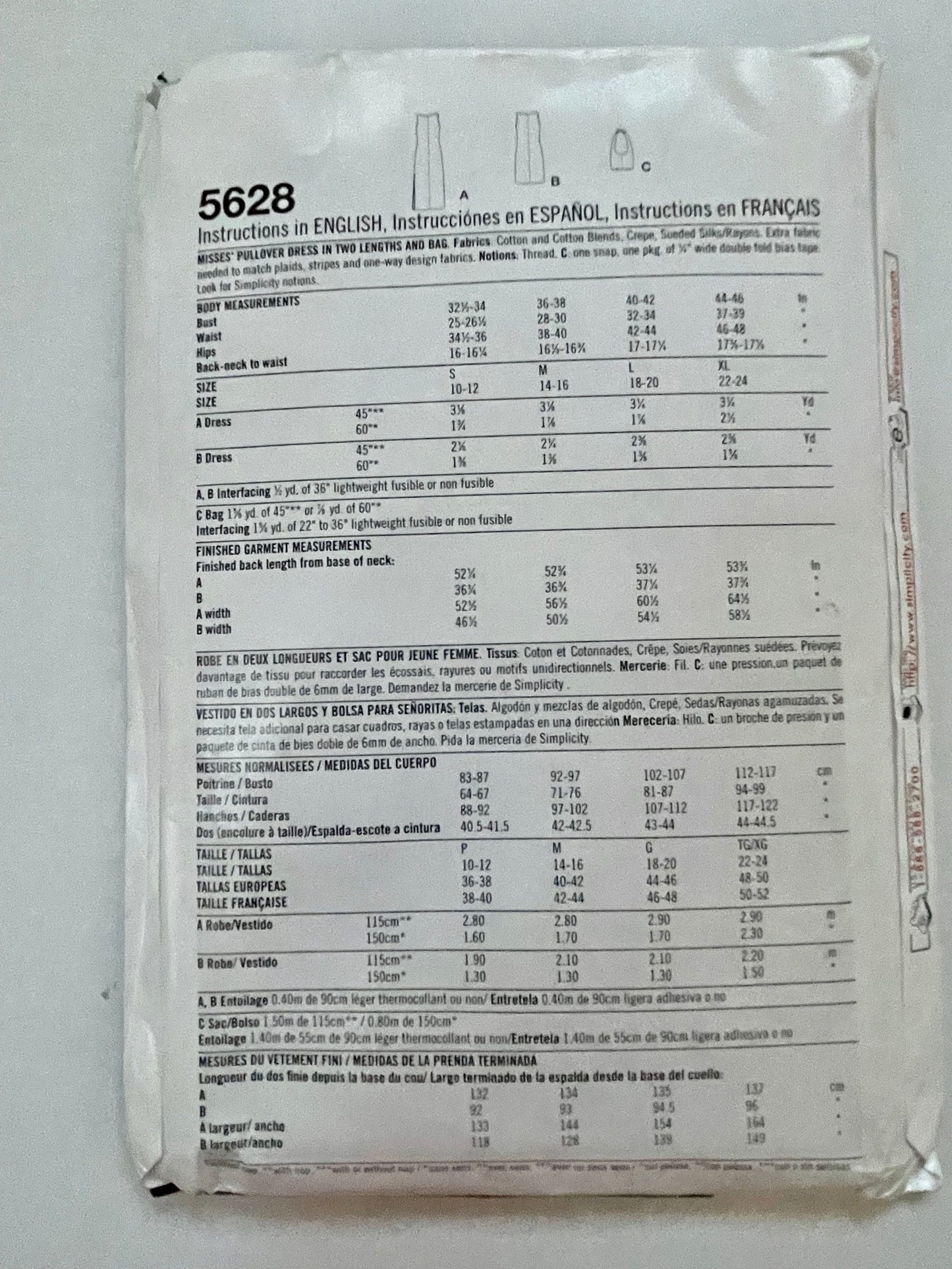 UNCUT Sewing Pattern - Simplicity Pattern 5628 Misses Pullover Dress in Two Lengths, and Bag - Size Small, Medium, Large, XLarge