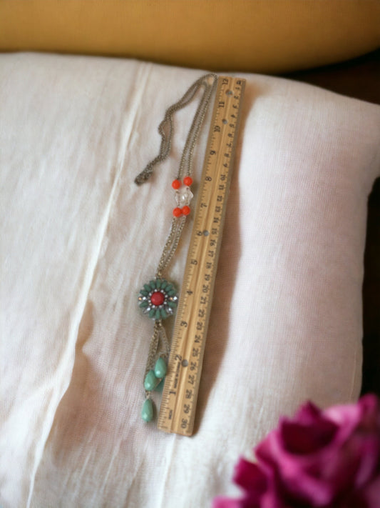 Pretty vintage necklace - turquoise and orange mandela style focal with dangles