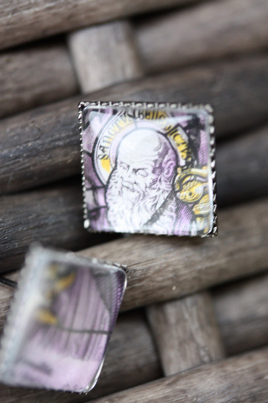 Tiny square stud earrings made from genuine vintage postage stamps - Osterreich Austria postage stamp 1983 purple, saint, Austria Monastery