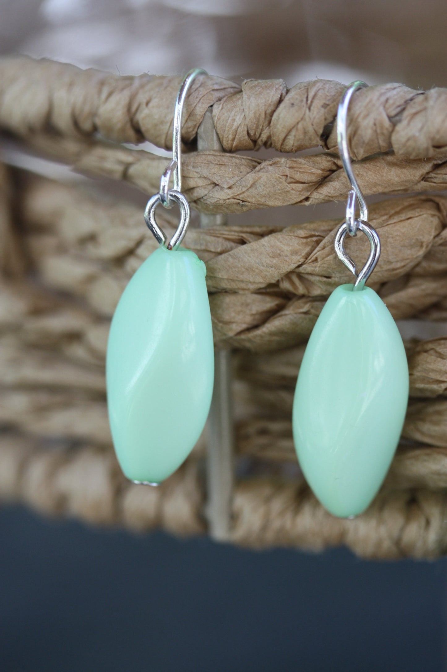 Simple upcycled seafoam green, blue and pearl dangle earrings