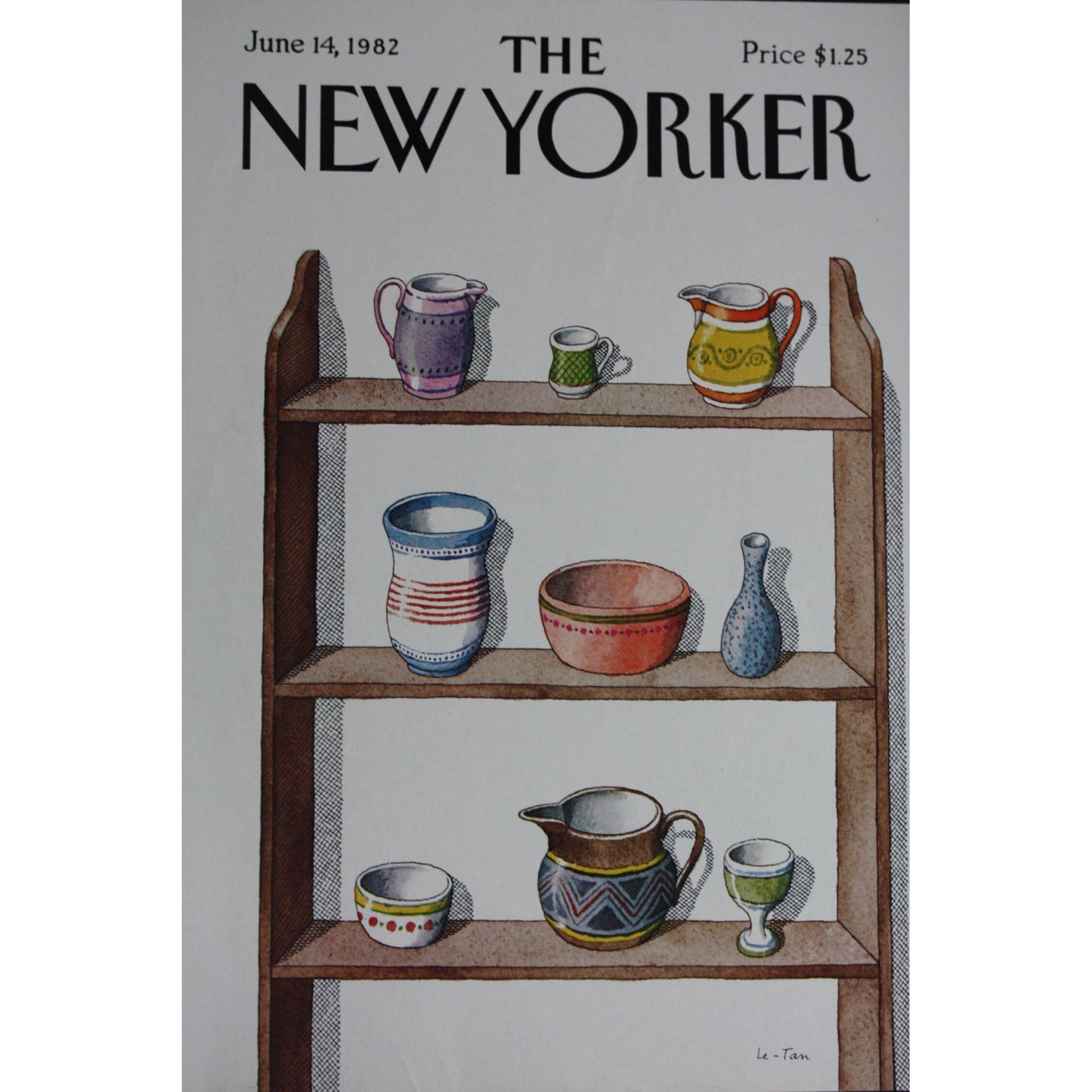 The NEW YORKER Magazine original cover - June 14, 1982 - wall shelf with dishes