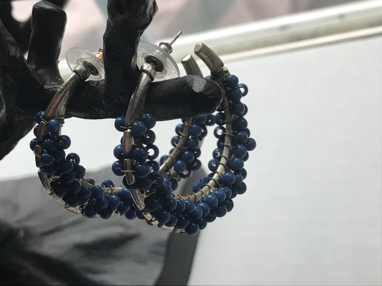 Unique vintage artisan beaded hoop earrings - blue semi precious stones