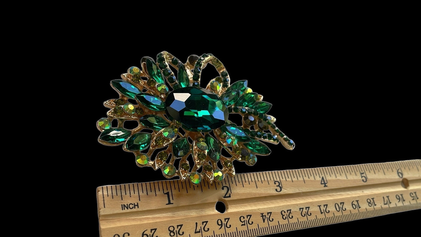 Stunning large emerald green and AB rhinestone vintage pin - 3 1/2" x 2"