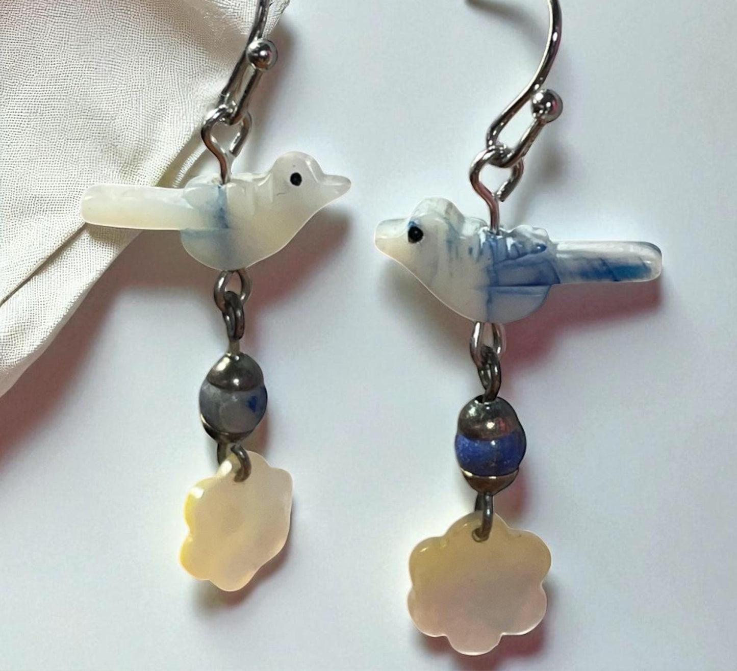 Mother of Pearl Bird Earrings with Blue Glass & Metal Spacers, trimmed with floral mother of pearl | Nature-Inspired Boho Jewelry Gift