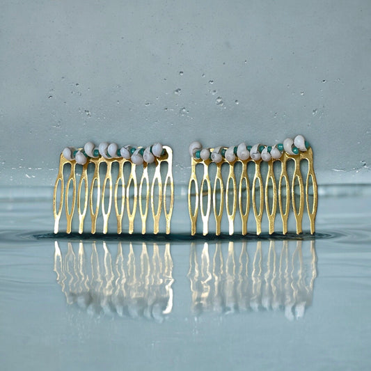 Stunning hand strung white shell hair combs with turquoise blue glass seed beads on goldtone metal hair combs