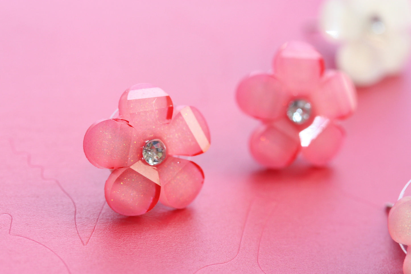 Stud flower earrings with rhinestone centers - dark pink, light pink, ivory - your choice