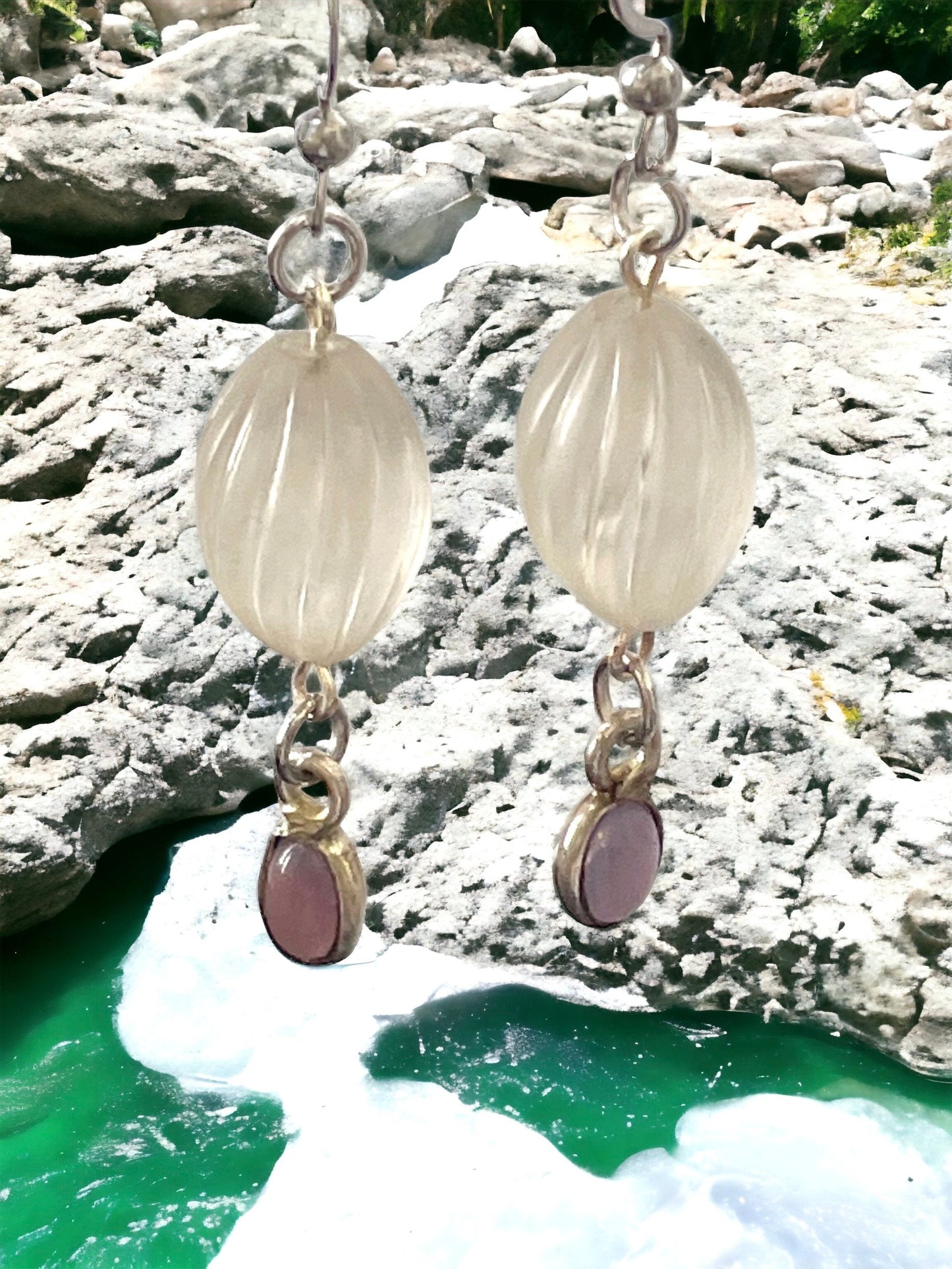 Long dangle earrings made of both new and vintage components - swirled frosted white with lavender dangles