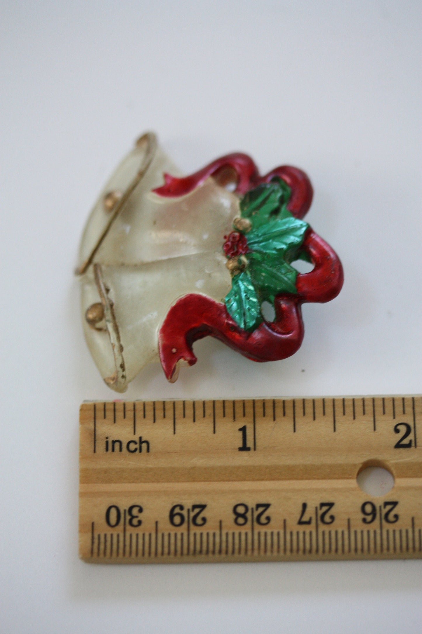 Unique old vintage charming Christmas bells pin with red ribbon and holly - classic /classy vintage Chritmas pin - lucite?